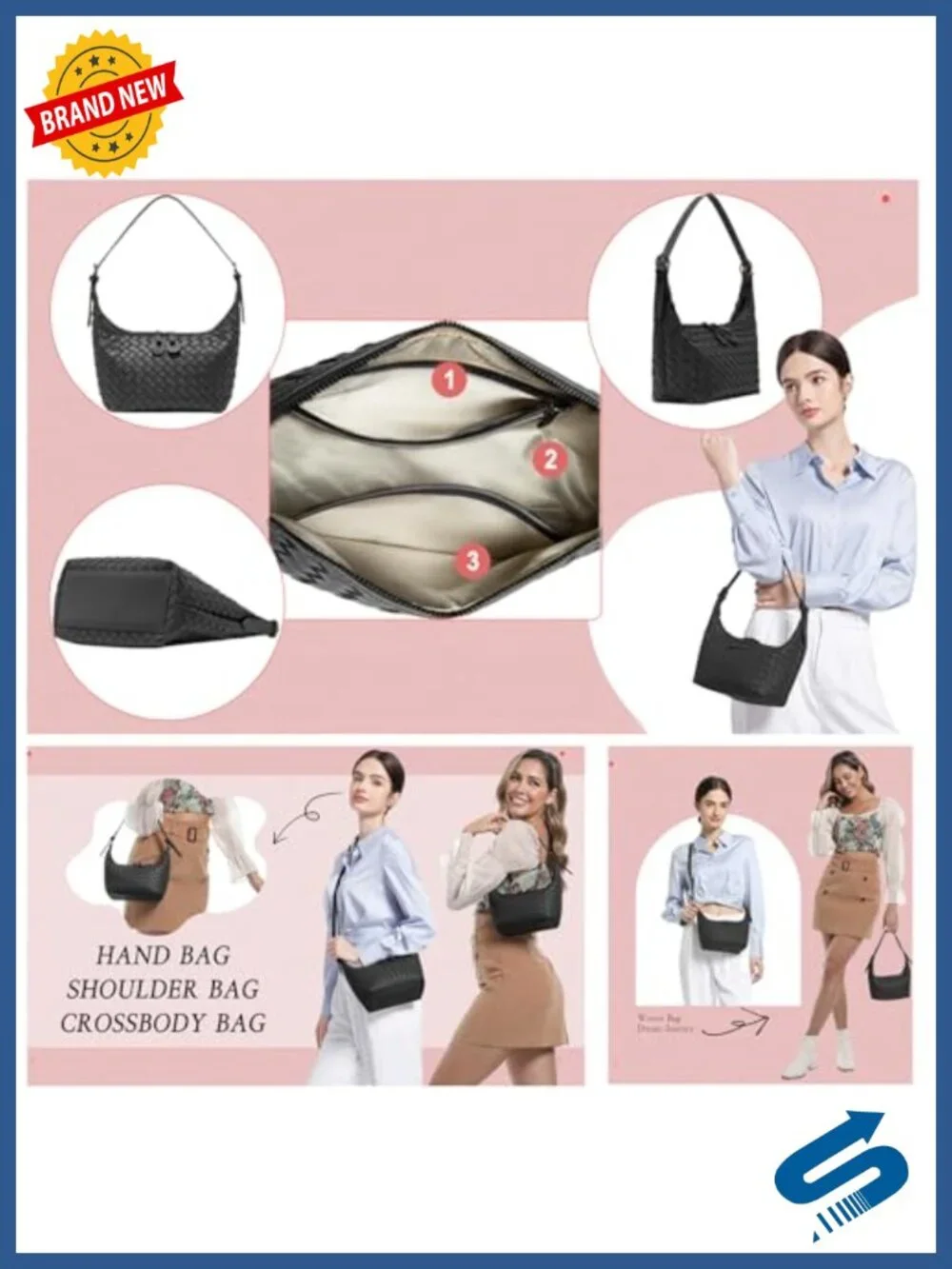 Women's Woven Hobo Shoulder Bag Crossbody Tote with Top Zipper